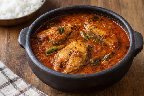 Homemade Chettinad Meen Kuzhambu (Chettinad Fish Curry), ready to serve