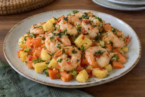 Homemade Chilled Shrimp with Pineapple and Papaya Salsa, ready to serve
