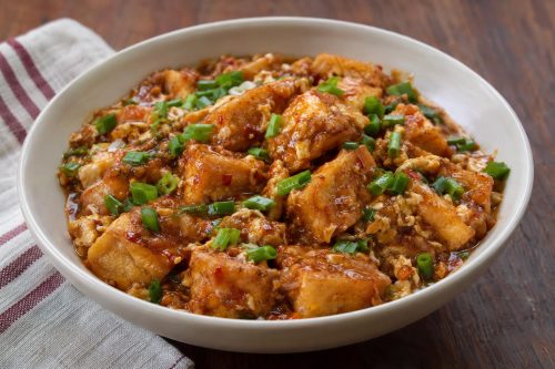 Homemade Fried Tofu in Chili Garlic Sauce, ready to serve