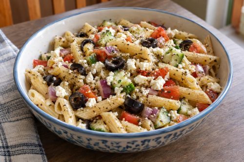 Homemade Greek Pasta Salad, ready to serve