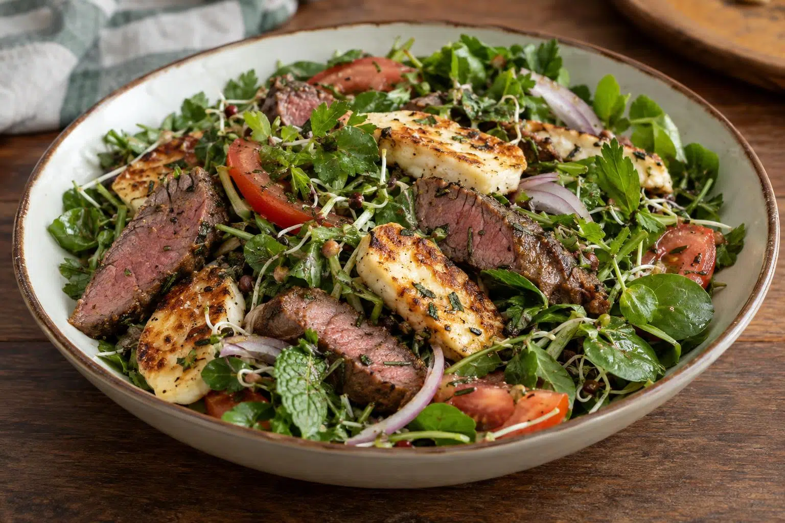 Rosemary Lamb and Haloumi on Herb Salad Recipe | Awesome Cuisine