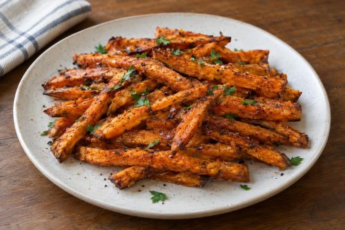 Homemade Sweet and Spicy Sweet Potato Fries, ready to serve